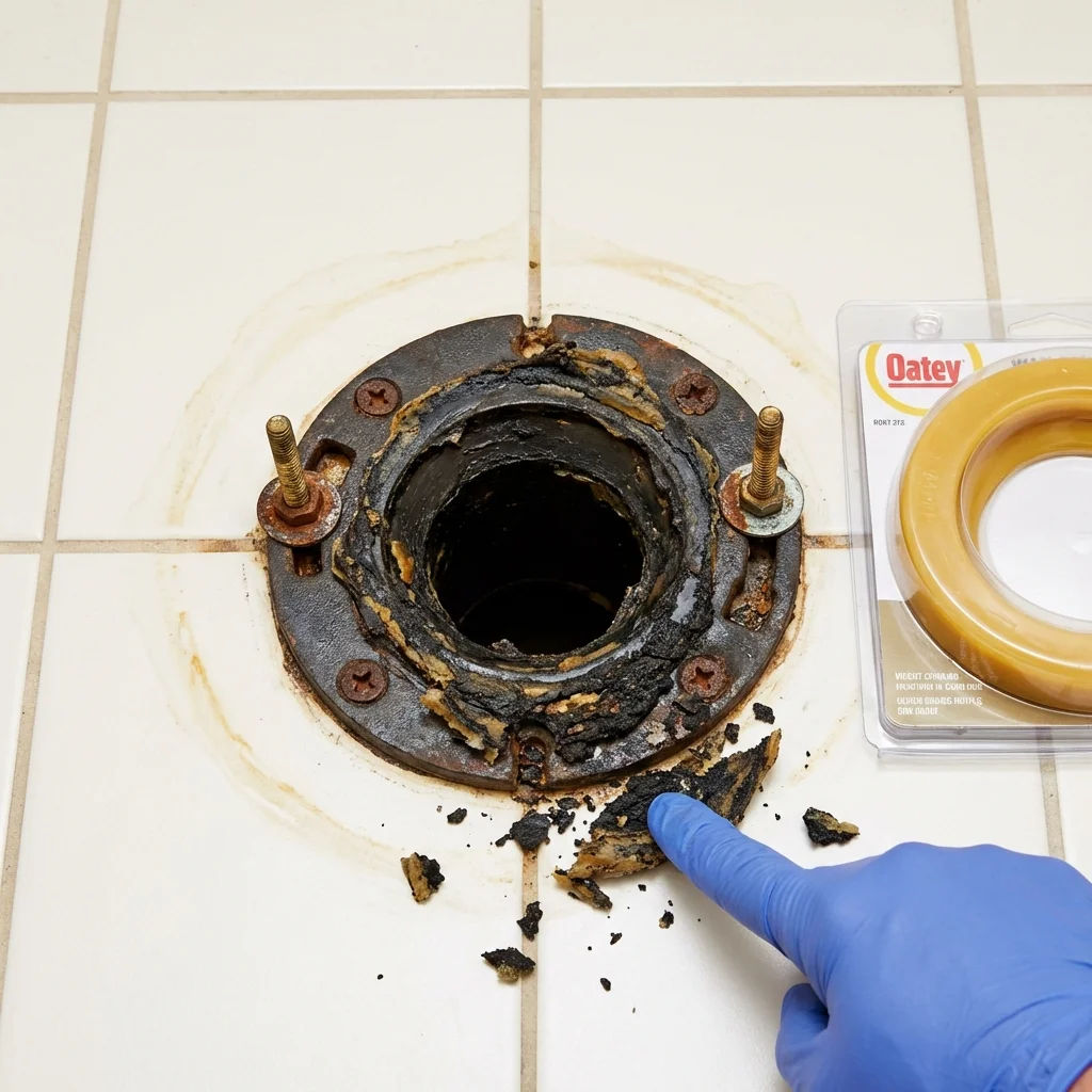 Failed wax ring showing water seepage at the base of a toilet in a Winthrop, MA home