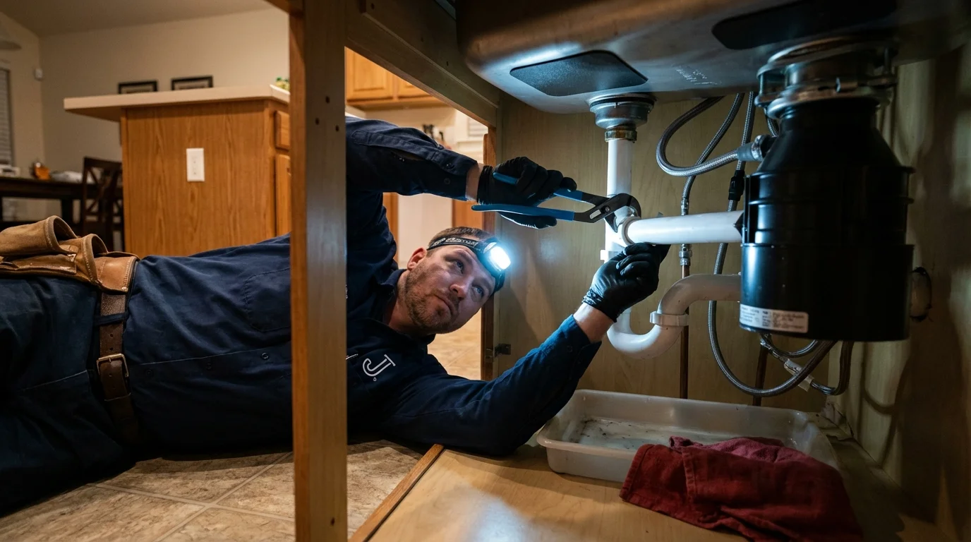 P-trap and supply line connections under a kitchen sink showing a common leak point in Winthrop, MA